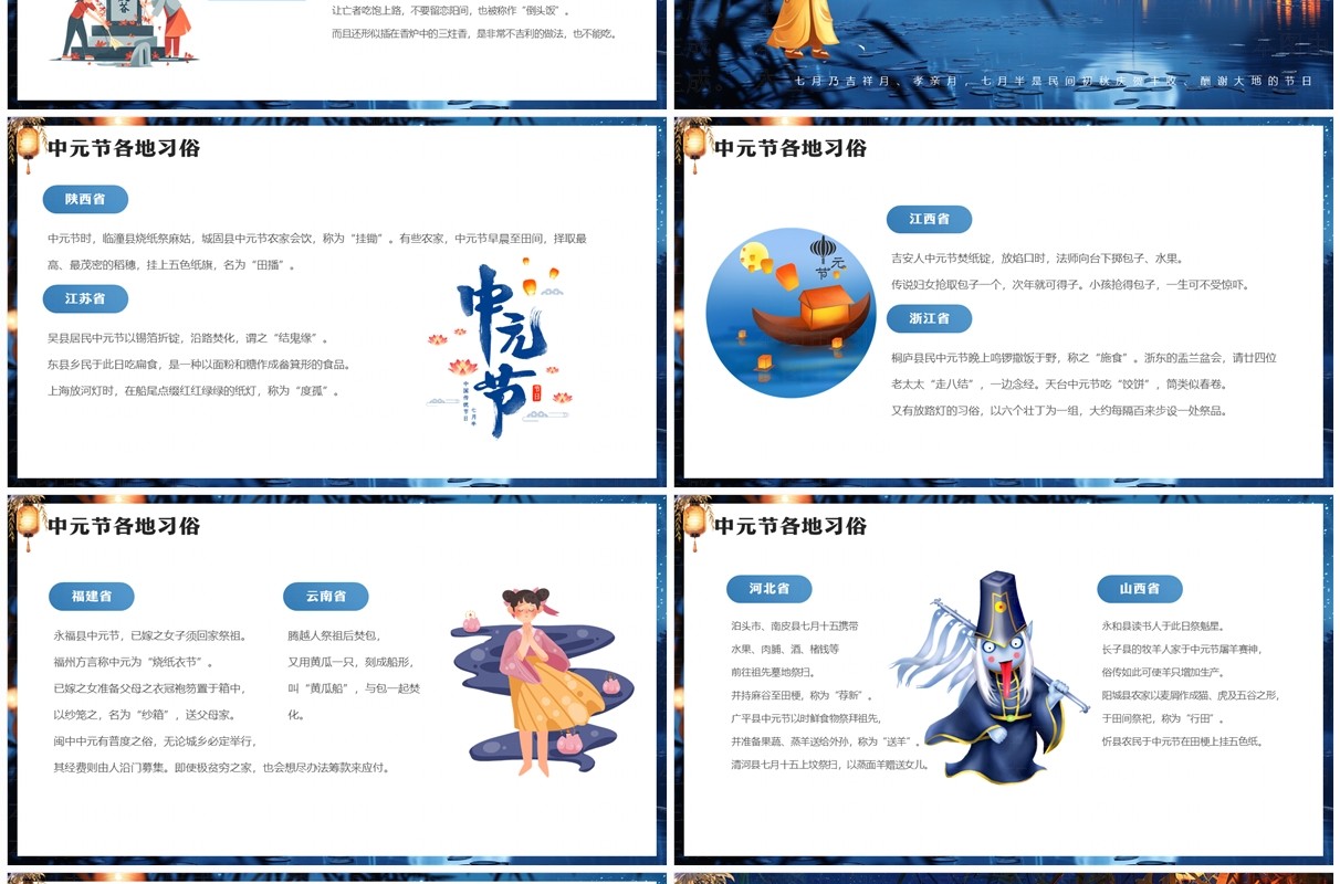 蓝色中国风传统节日中元节介绍PPT模板