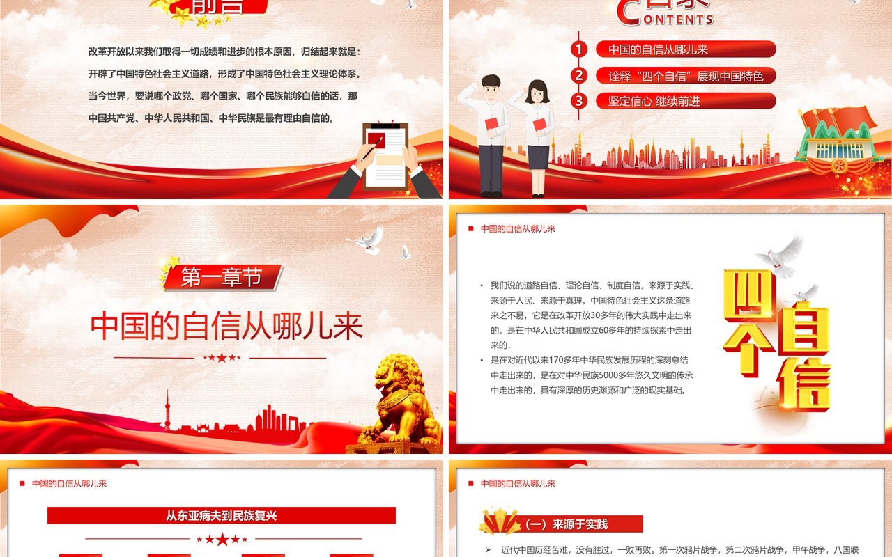 红色党政风坚定四个自信党课学习PPT模板