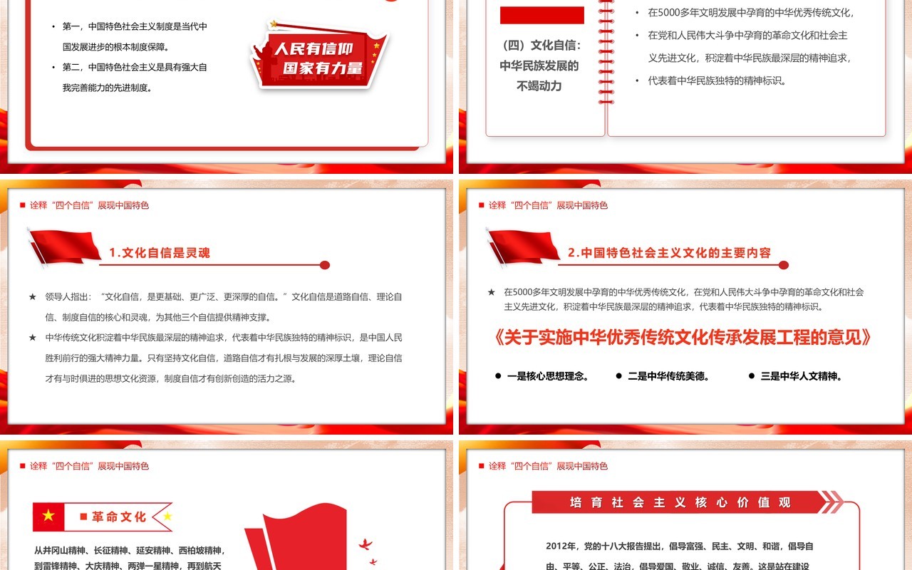 红色党政风坚定四个自信党课学习PPT模板