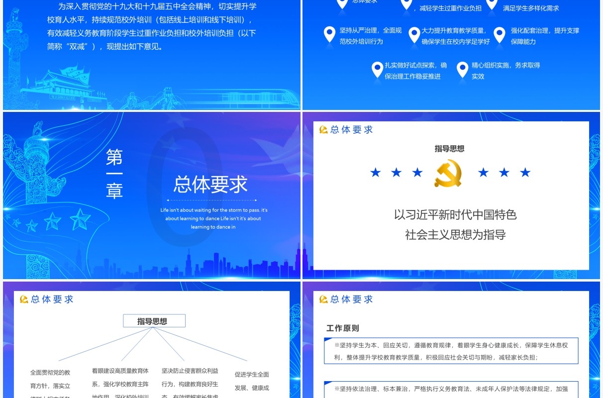 蓝色党政风关于进一步减轻义务教育阶段学生作业负担和校外培训负担的意见动态PPT模板