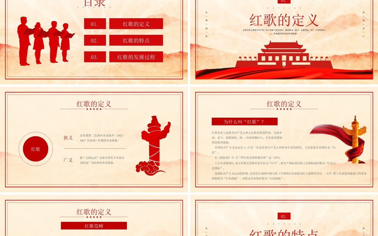 红色复古风唱红歌专题培训PPT模板