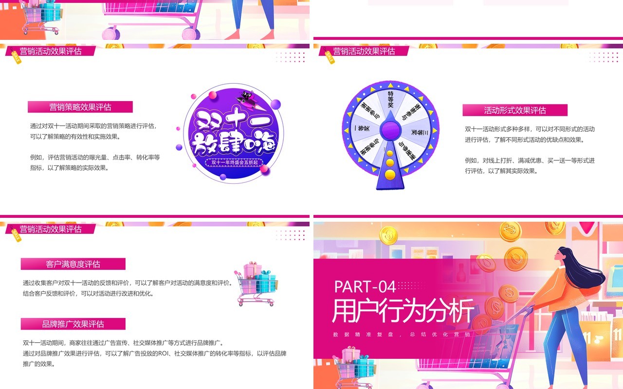 粉色插画风双十一复盘总结PPT模板