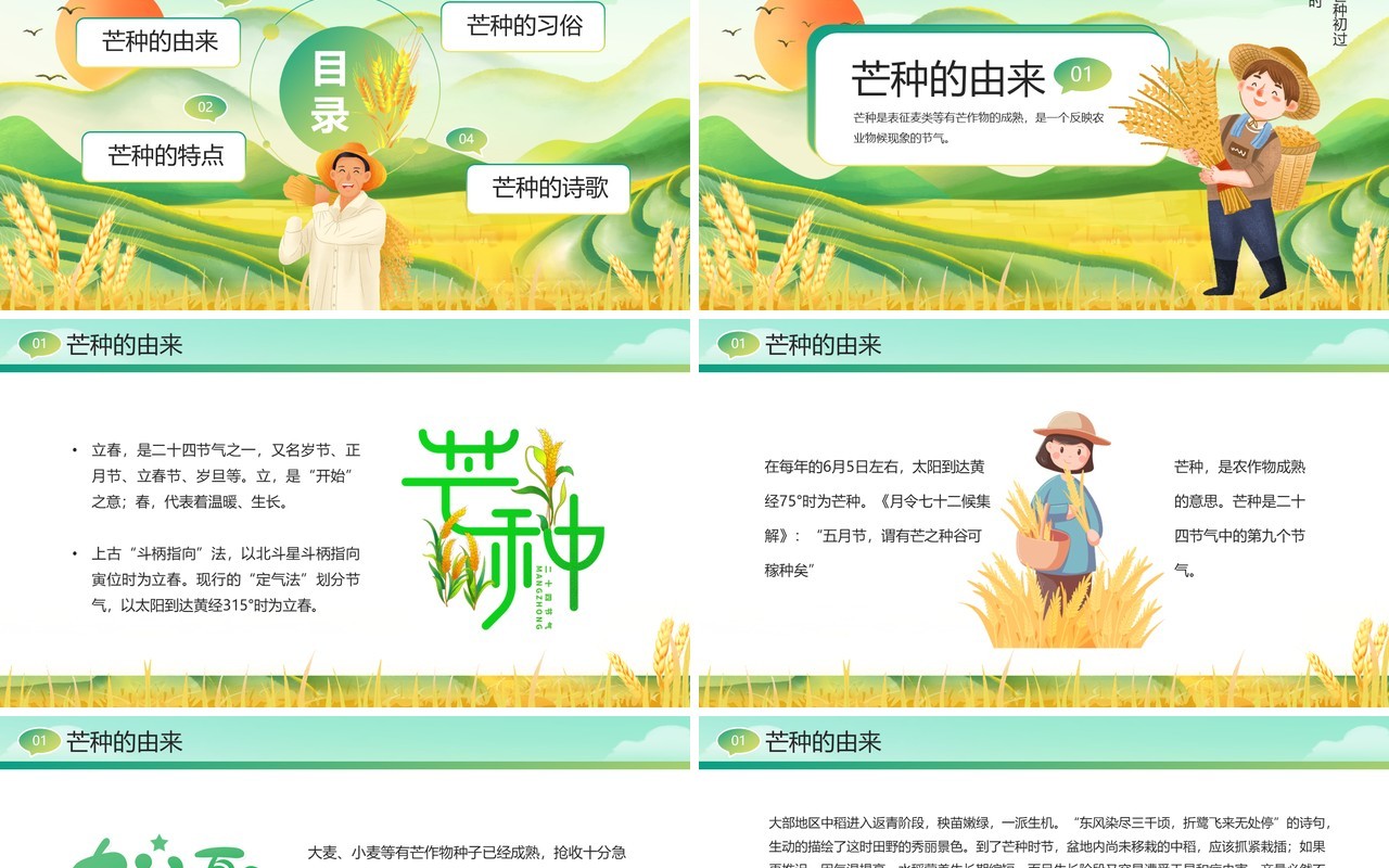 绿色插画风二十四节气之芒种PPT模板