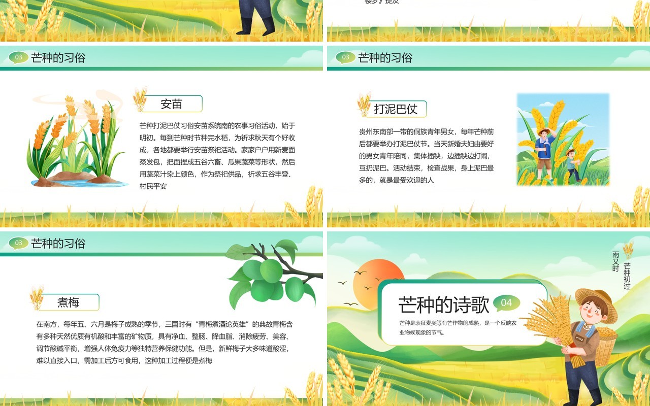 绿色插画风二十四节气之芒种PPT模板