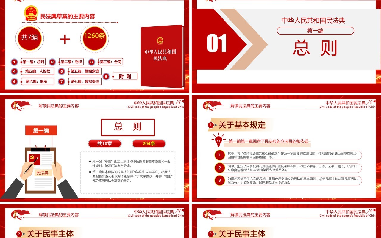 红色聚焦两会中国首部民法典解读学习政府工作报告党建PPT模板