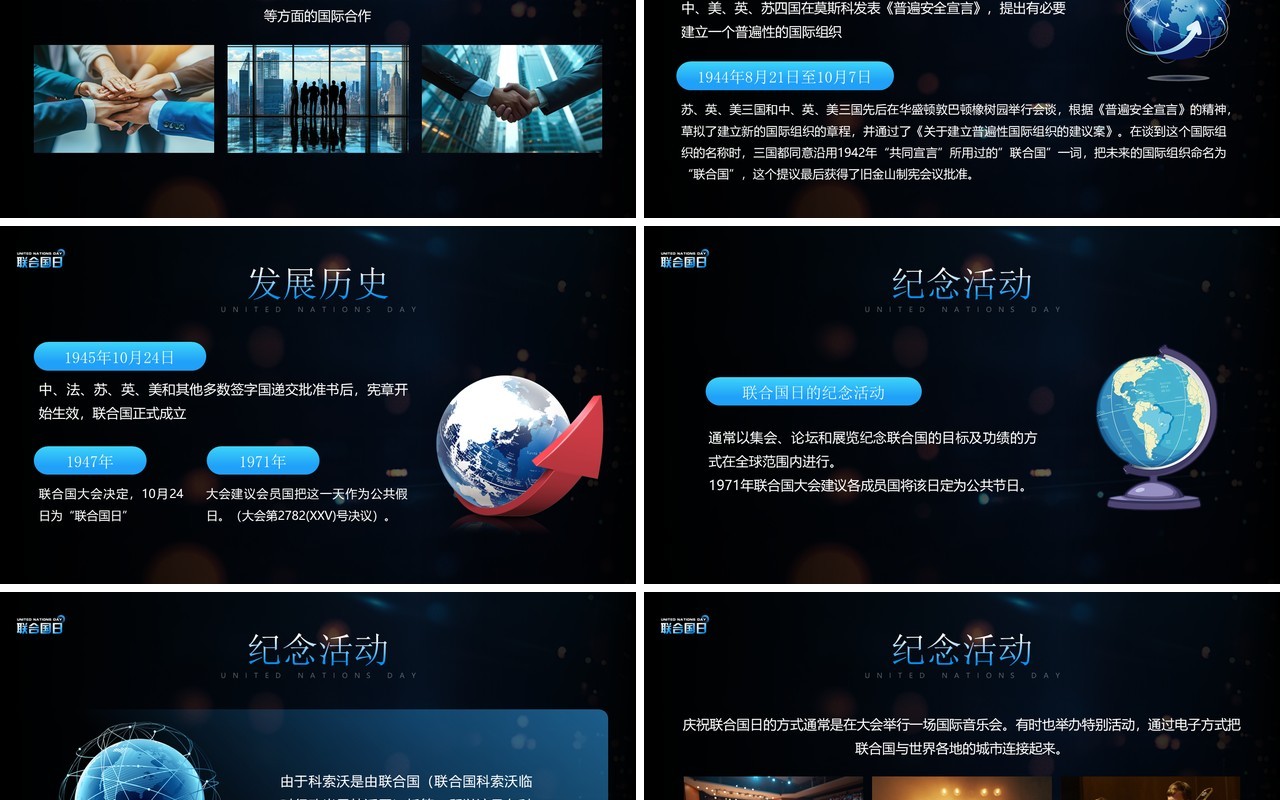 蓝色科技风联合国日介绍PPT模板