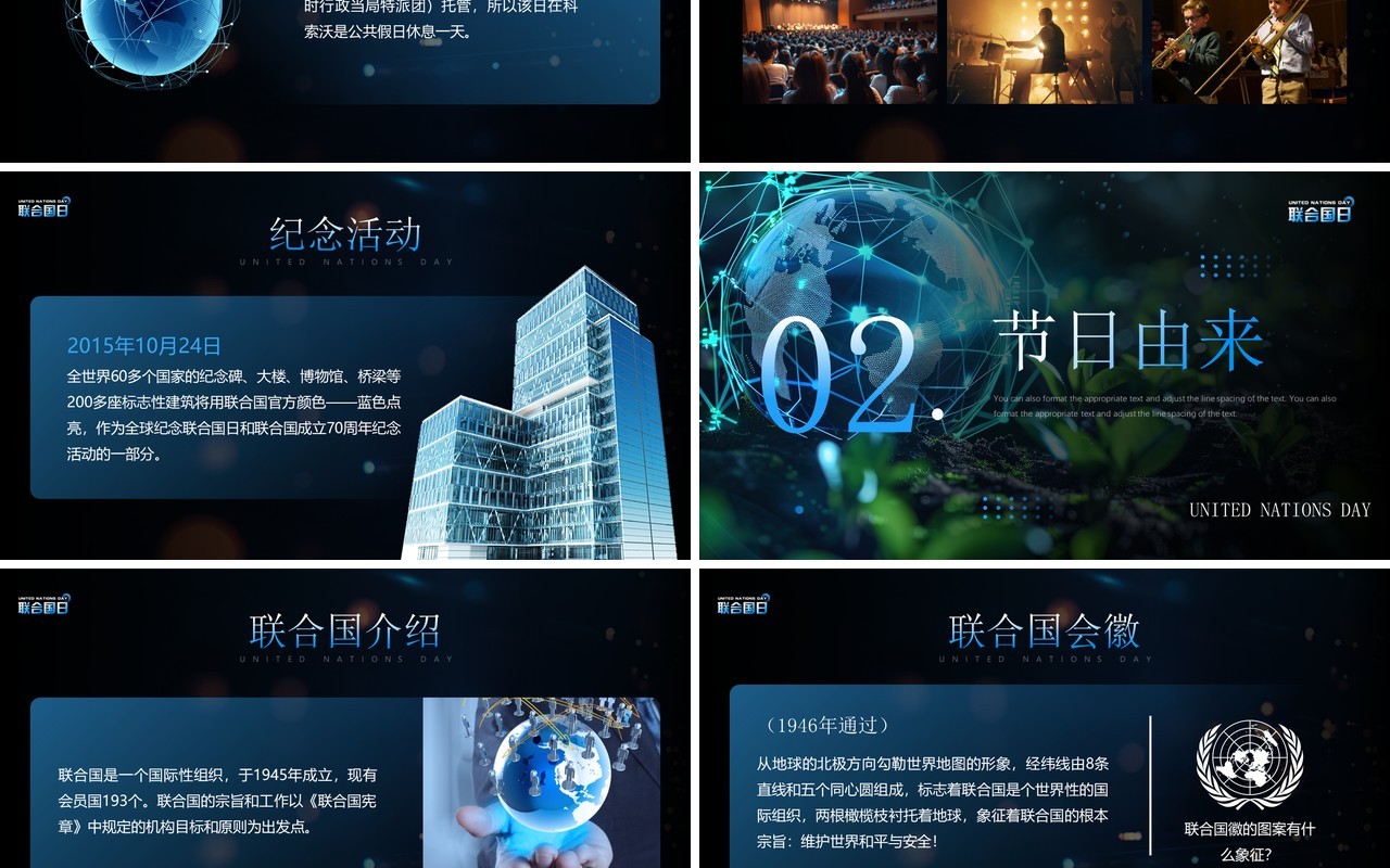 蓝色科技风联合国日介绍PPT模板
