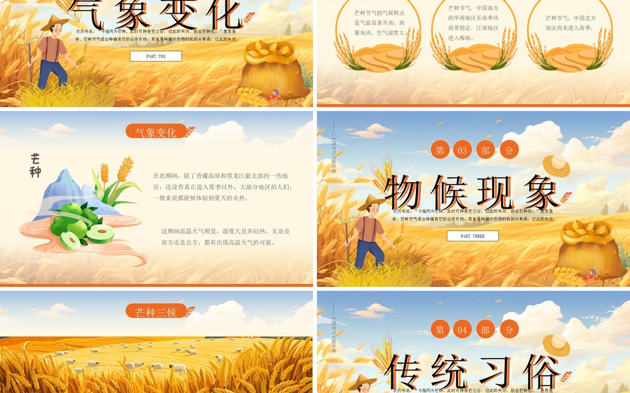 黄色插画风二十四节气之芒种PPT模板