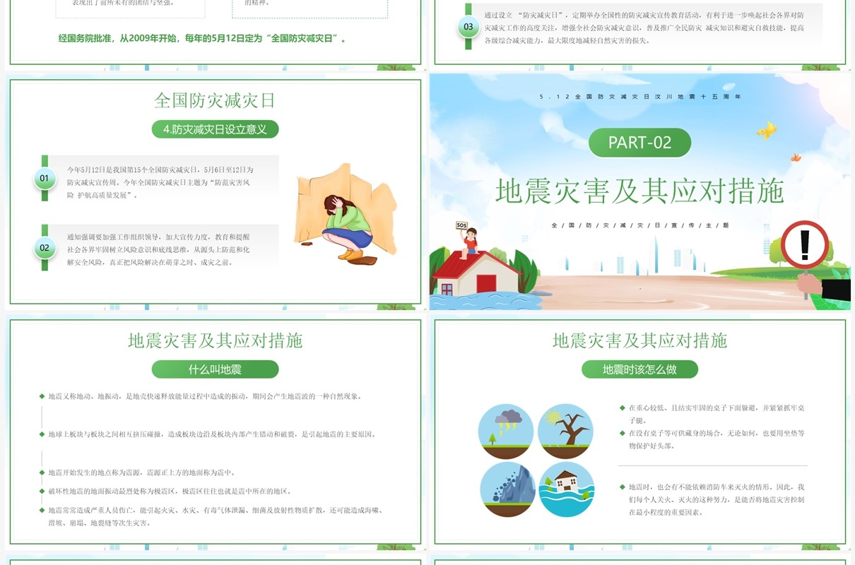 绿色卡通防范灾害风险防震减灾宣传PPT模板