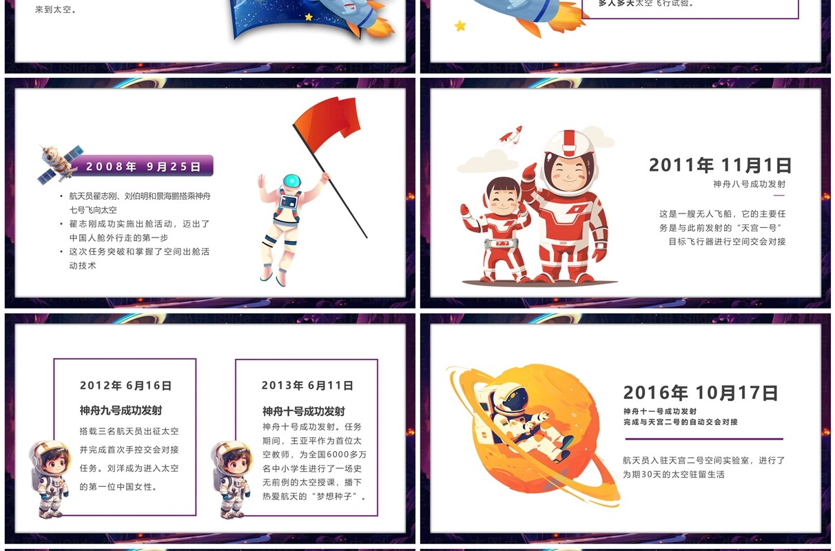 紫色插画风中国航天发展史PPT模板