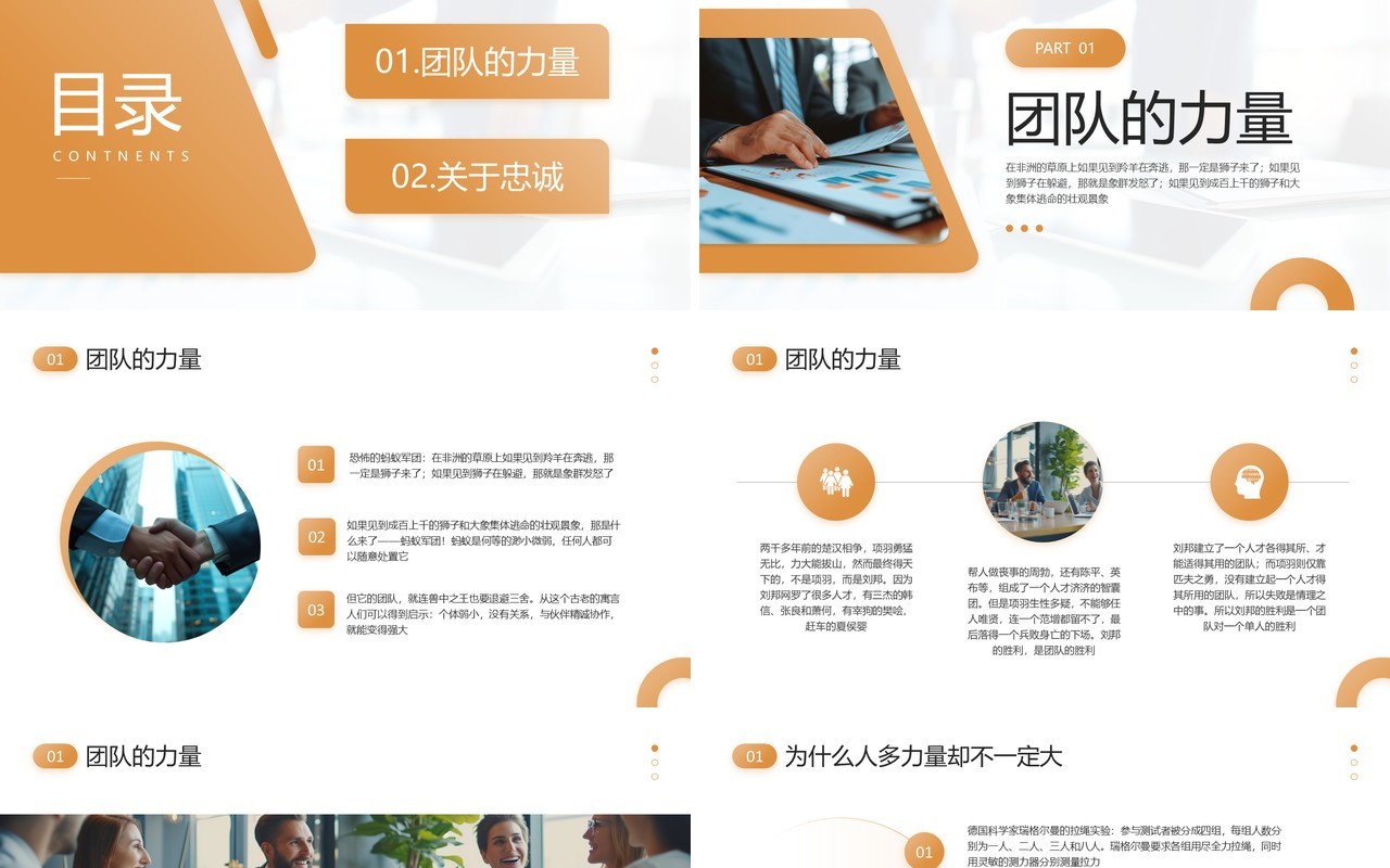 橙色商务风团队精神及忠诚度PPT模板