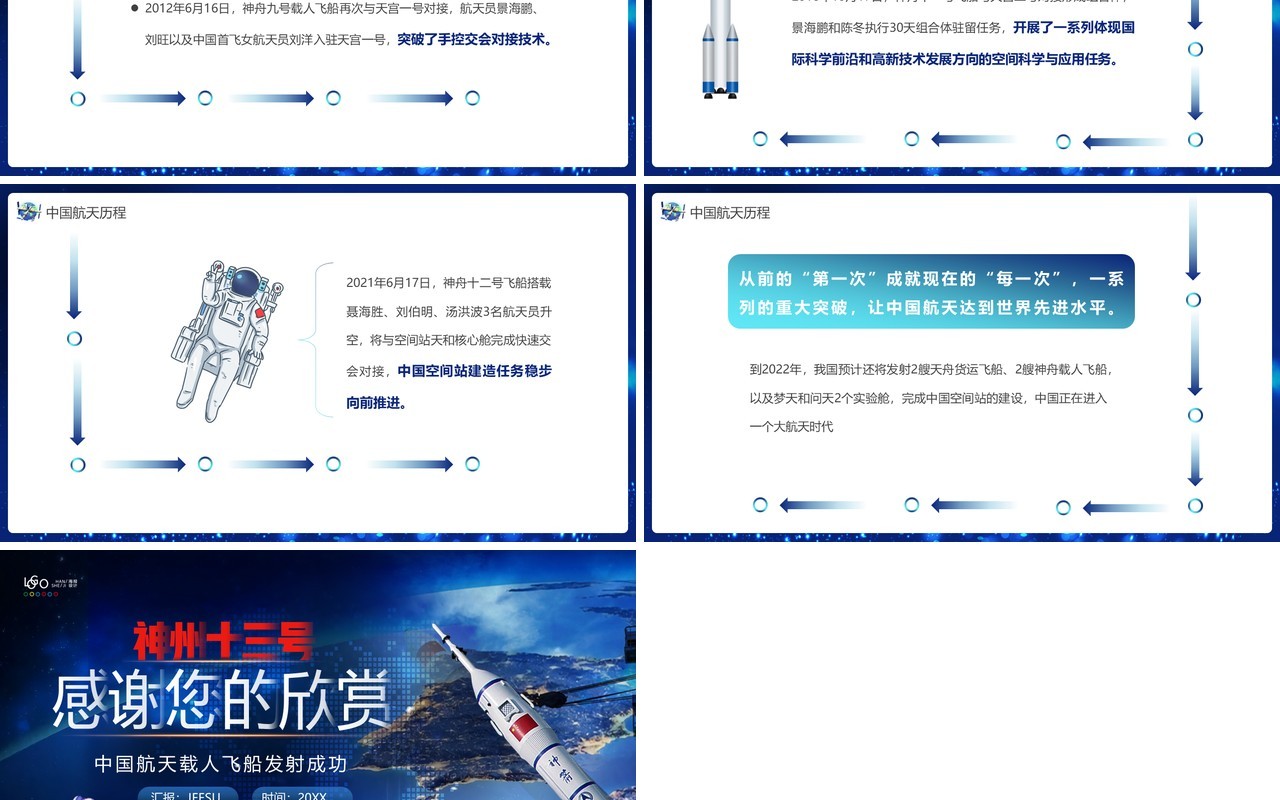 蓝色科技风神舟十三号圆满发射成功PPT模板
