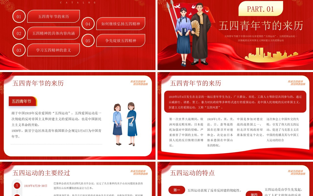 红色传承五四精神庚续青春血脉PPT模板