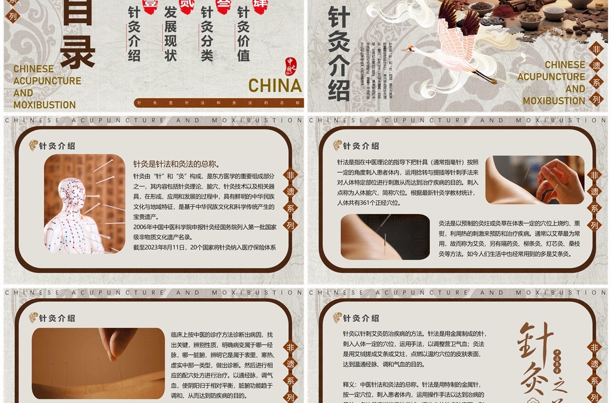 棕色中国风非遗系列之中国针灸PPT模板