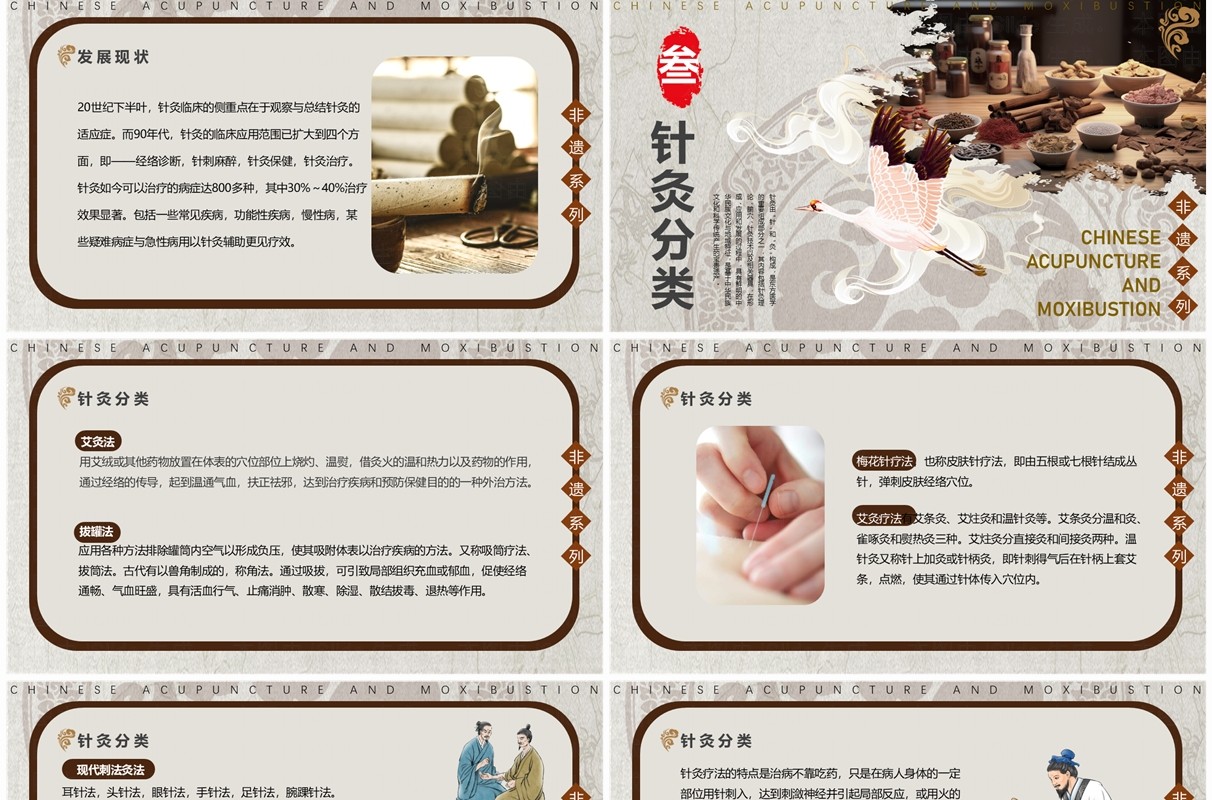 棕色中国风非遗系列之中国针灸PPT模板
