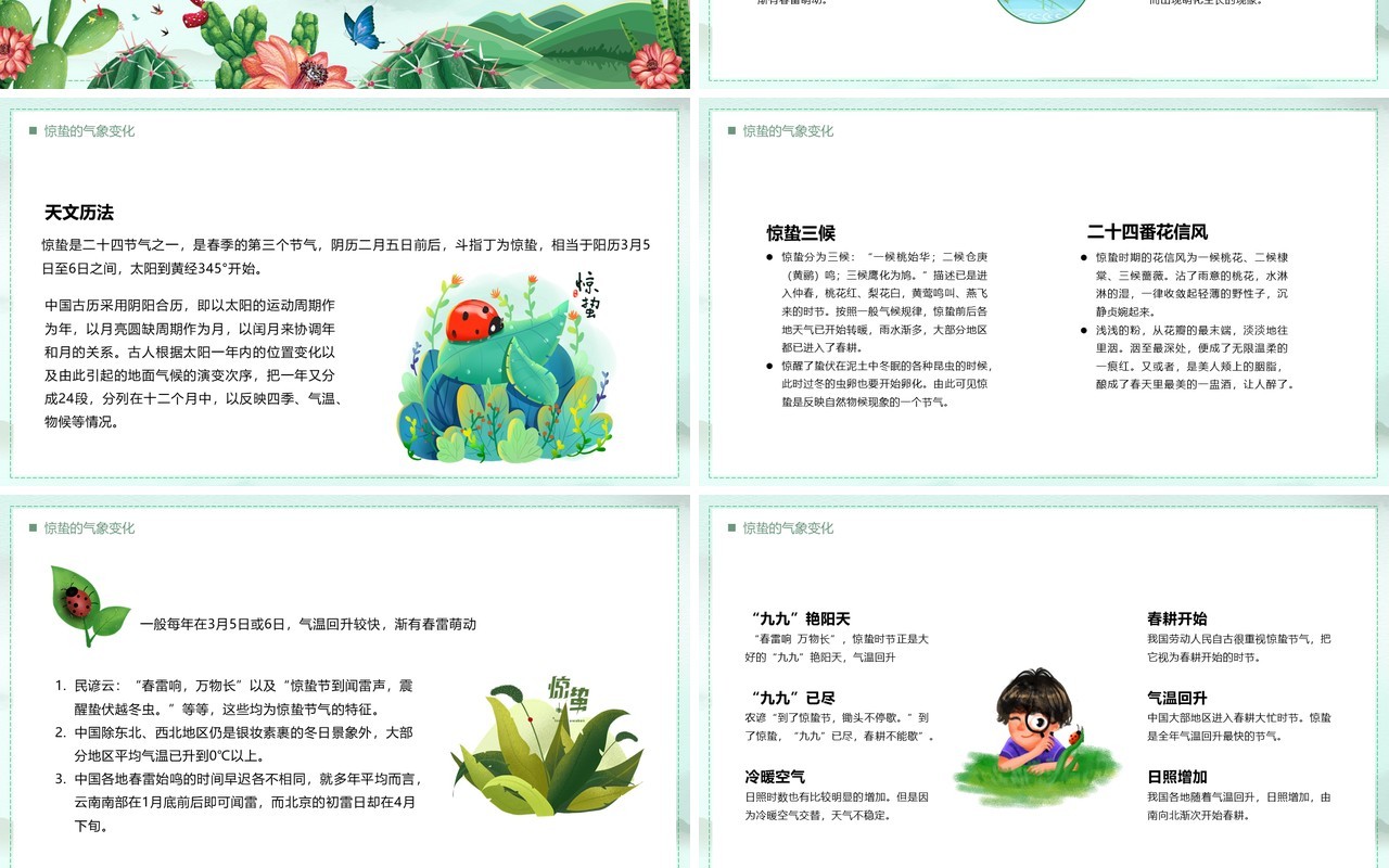 绿色卡通二十四节气之惊蛰介绍PPT模板
