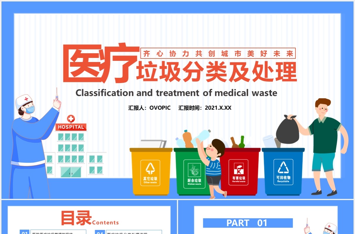 卡通风医疗垃圾分类及处理齐心协力共创城市美好未来通用PPT模板