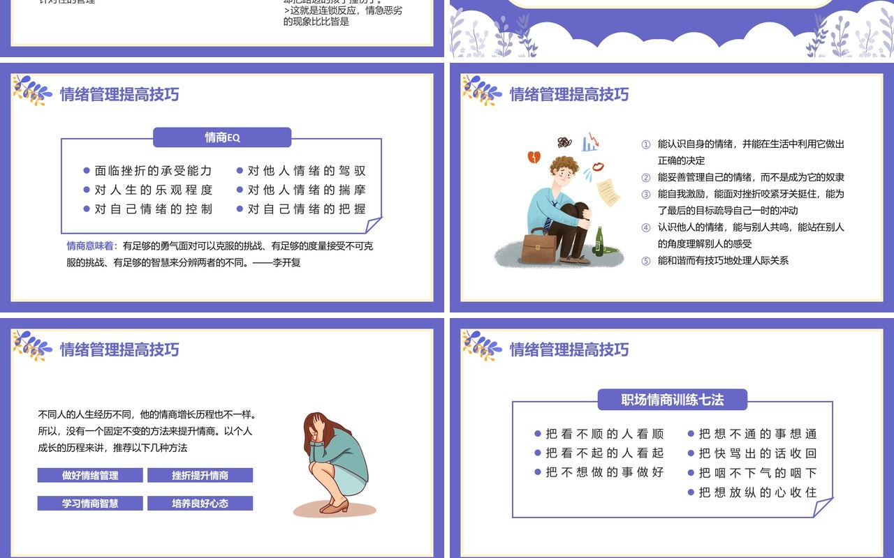 紫色插画扁平化情绪管理培训PPT模板