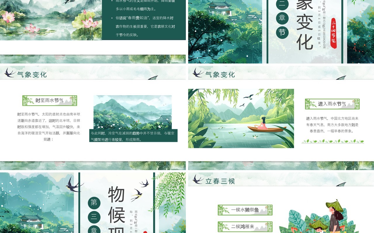 绿色中国风传统二十四节气之雨水PPT模板