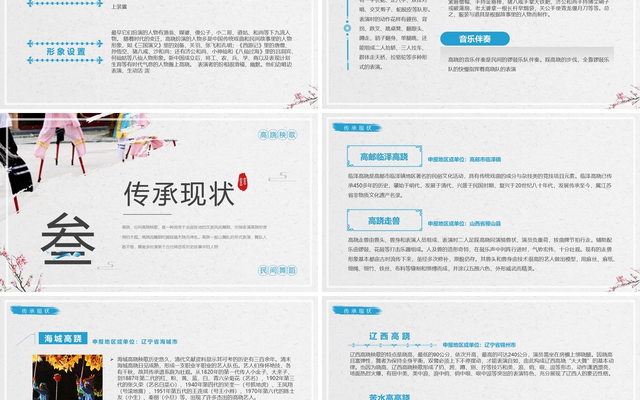 蓝色中国风非遗系列之高跷介绍PPT模板