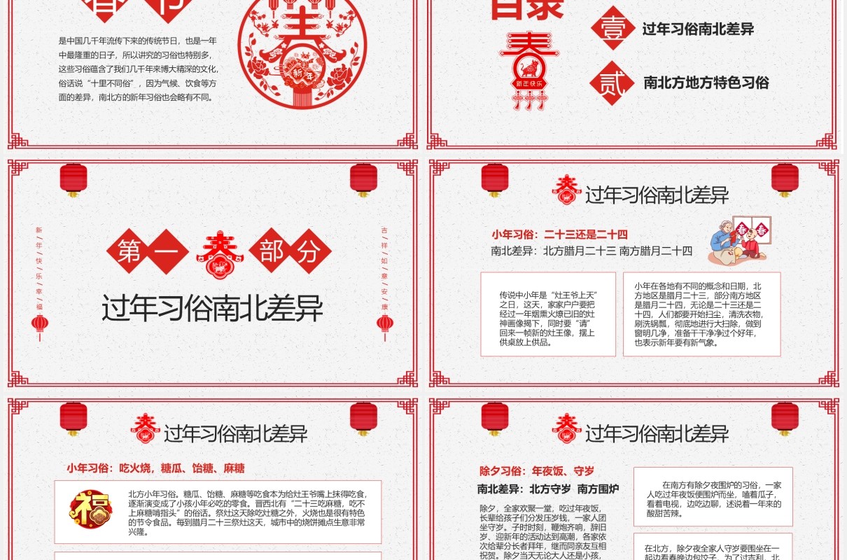 红色喜庆剪纸风中国传统节日春节南北方不同习俗主题班会PPT模板