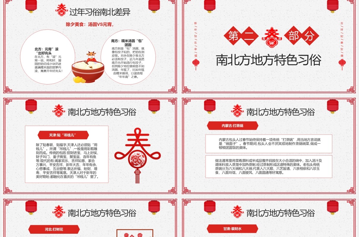 红色喜庆剪纸风中国传统节日春节南北方不同习俗主题班会PPT模板