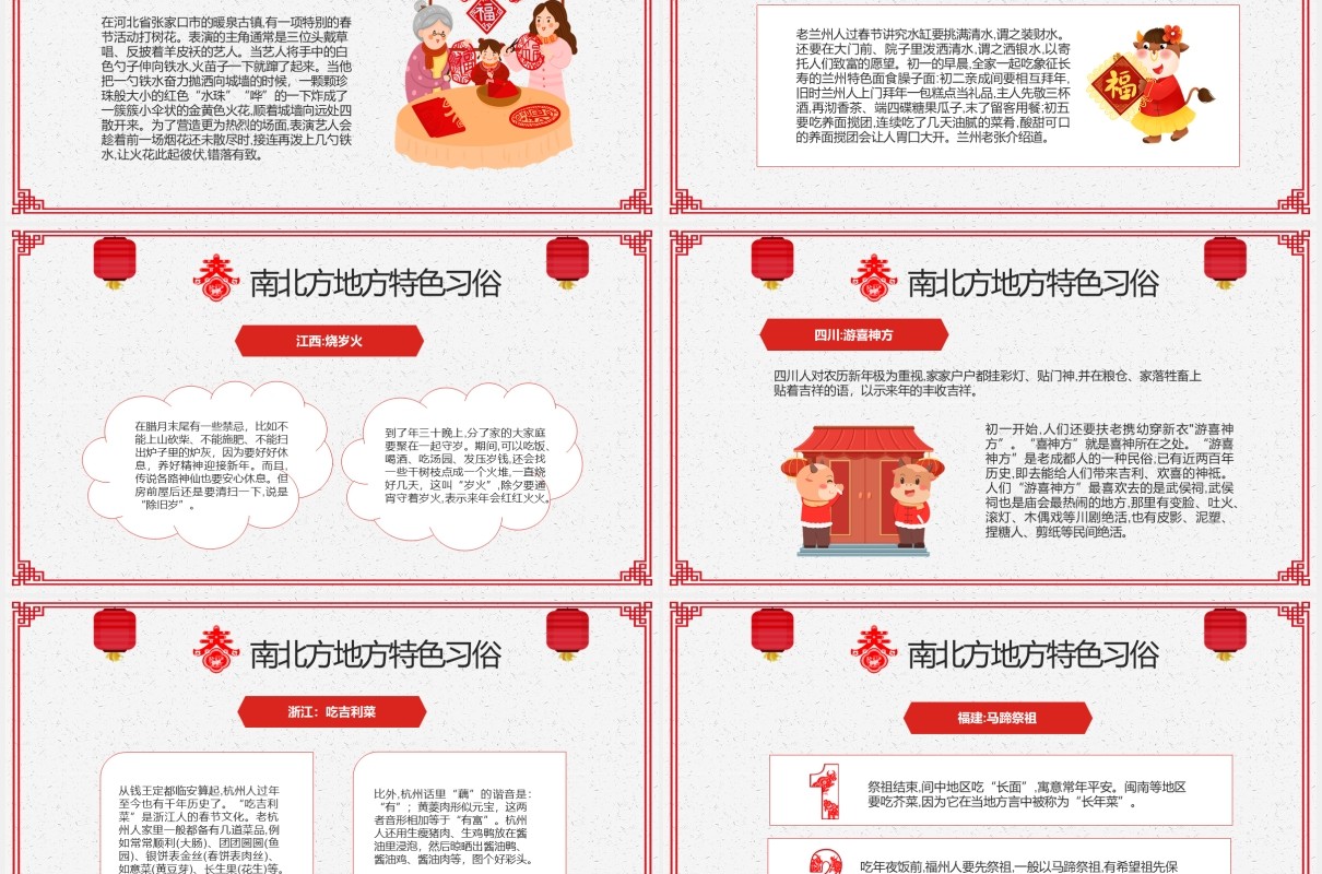 红色喜庆剪纸风中国传统节日春节南北方不同习俗主题班会PPT模板