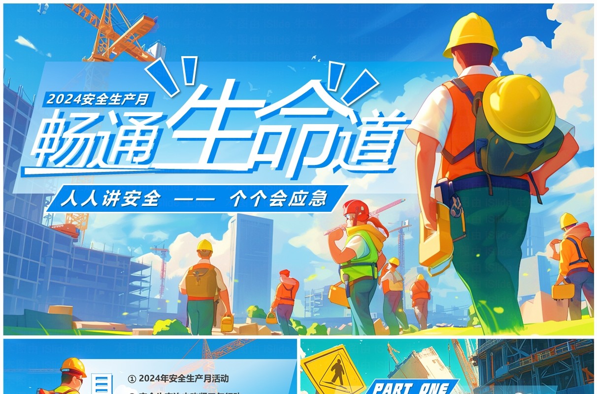 蓝色卡通风畅通生命道安全生产月PPT模板
