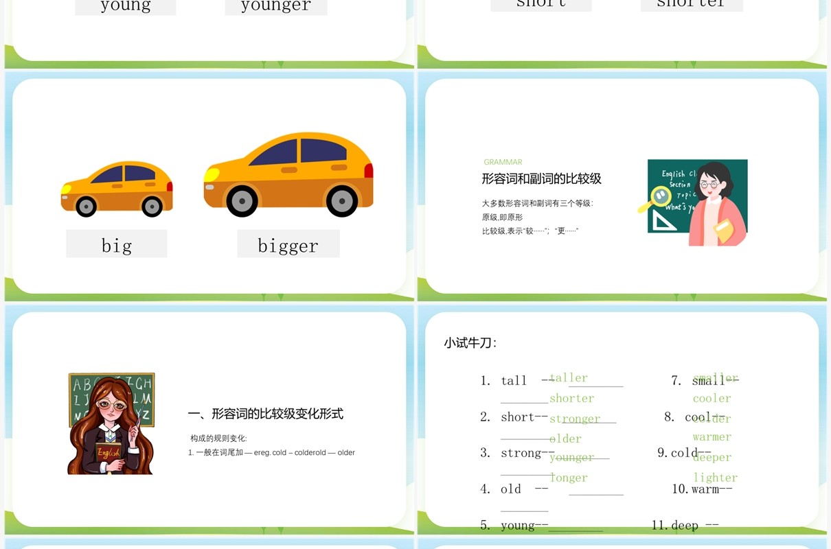 绿色卡通风英语形容词和副词的比较级PPT模板