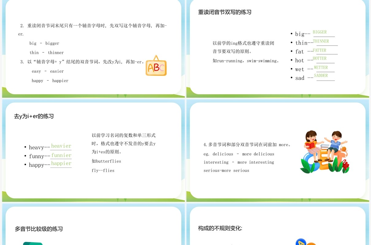 绿色卡通风英语形容词和副词的比较级PPT模板