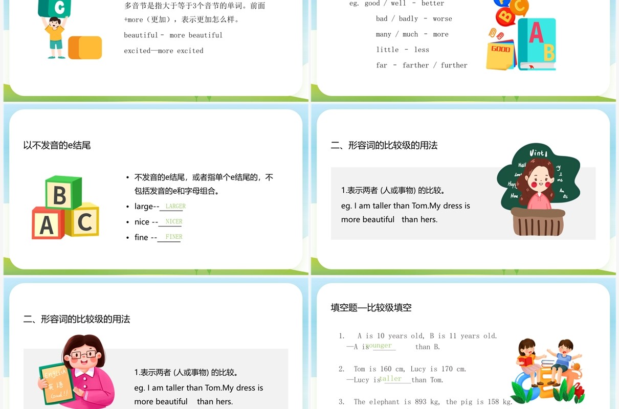 绿色卡通风英语形容词和副词的比较级PPT模板