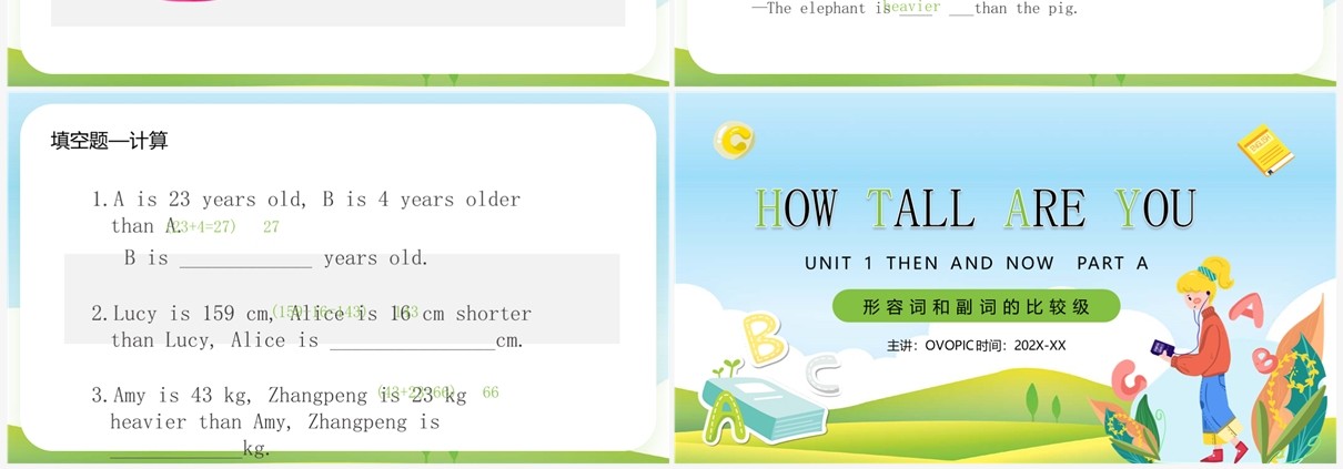 绿色卡通风英语形容词和副词的比较级PPT模板