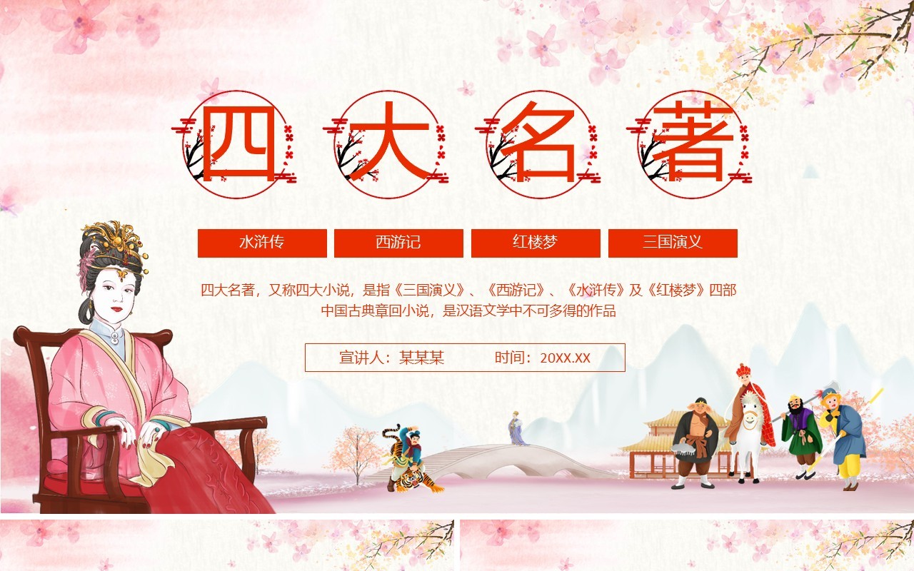 四大名著称四大小说三国演义西游记水浒传红楼梦中国古典章回小说动态PPT模板
