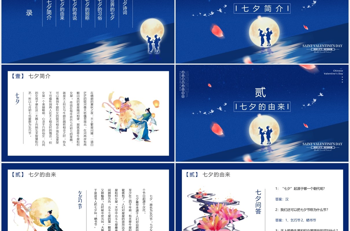 经典蓝色中国传统节日七夕节日介绍动态PPT模板