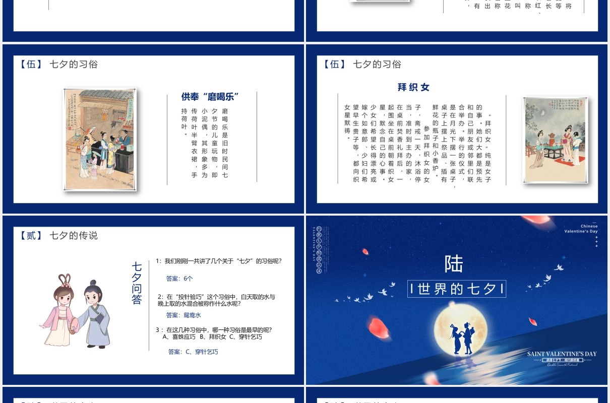 经典蓝色中国传统节日七夕节日介绍动态PPT模板