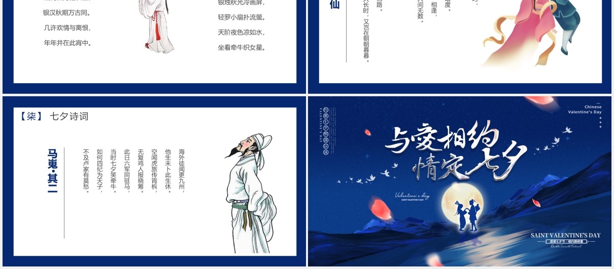 经典蓝色中国传统节日七夕节日介绍动态PPT模板