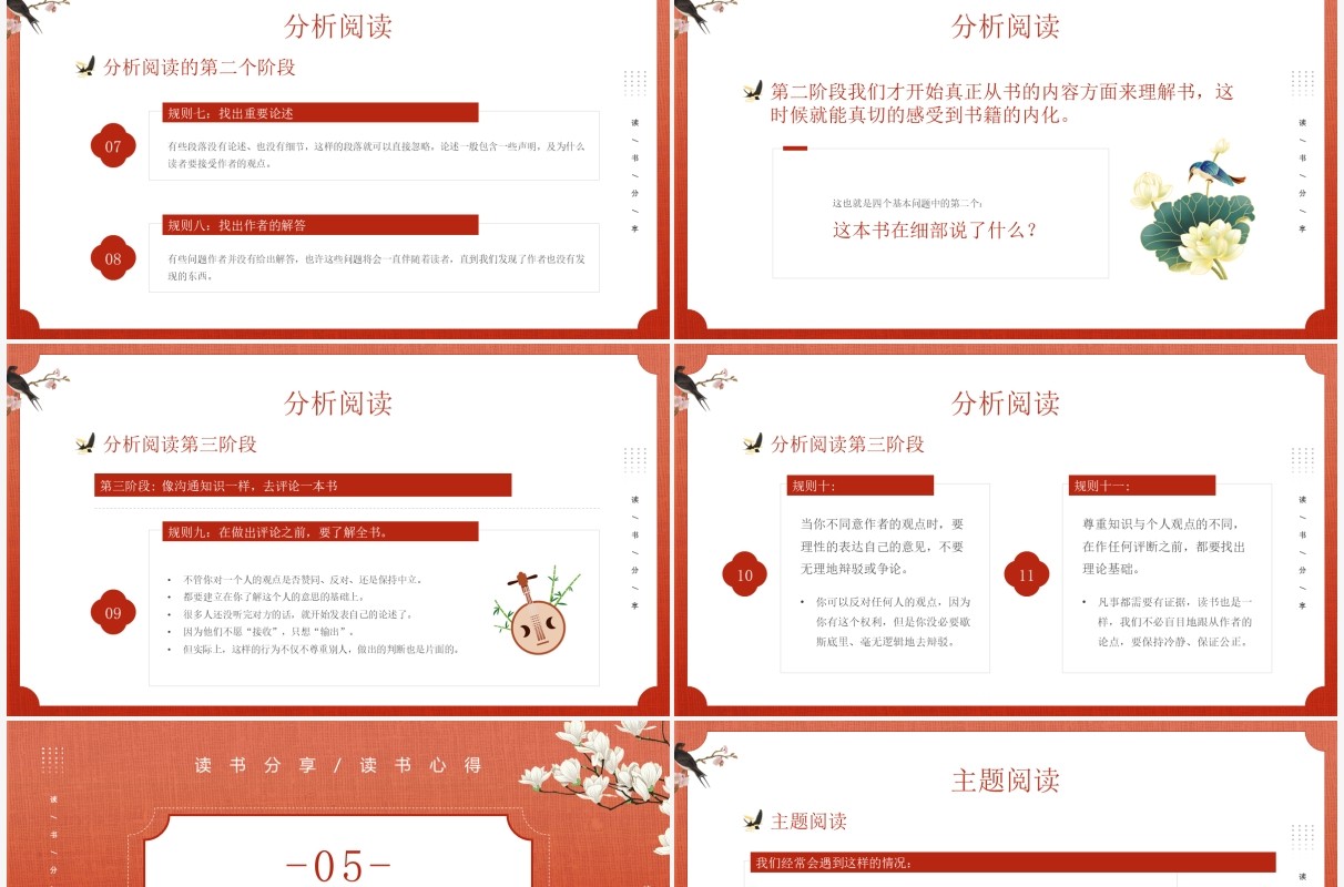 红色新中式中国风读书分享PPT模板