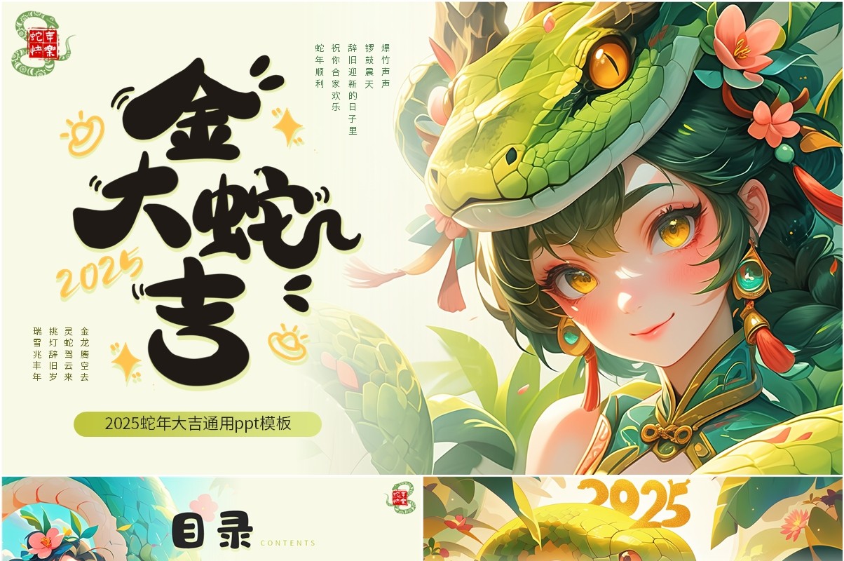 绿色插画风蛇年总结金蛇大吉PPT通用模板