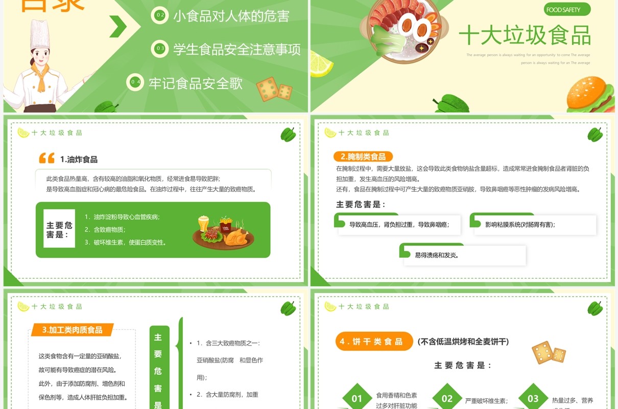 绿色卡通风食品安全宣传周PPT模板