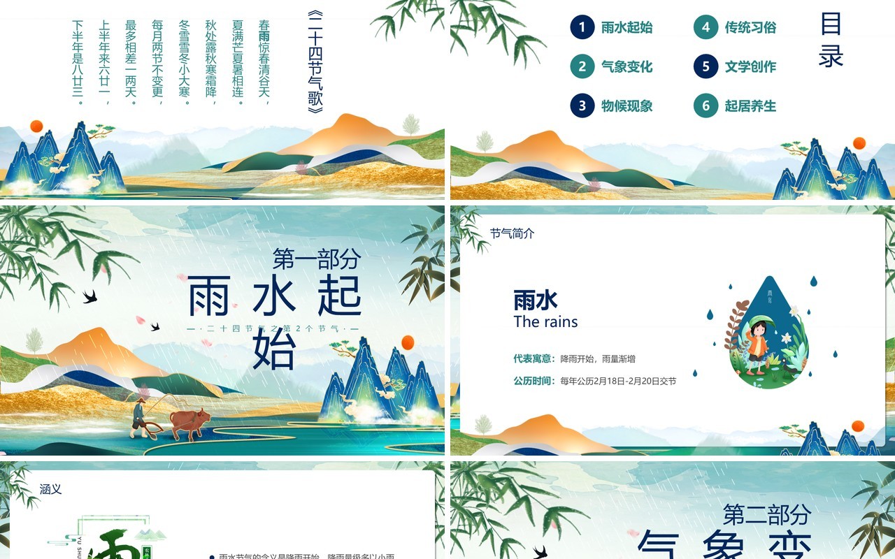 蓝绿色国潮风二十四节气之雨水介绍PPT模板