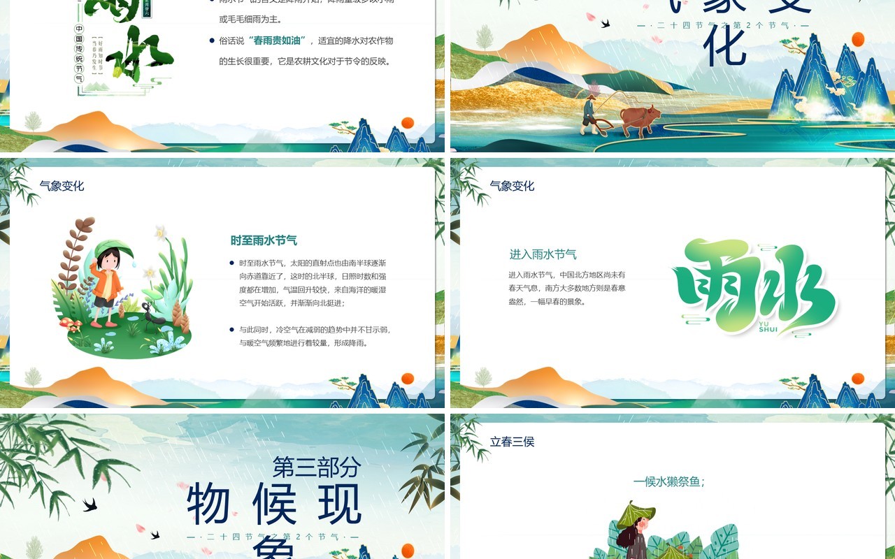 蓝绿色国潮风二十四节气之雨水介绍PPT模板