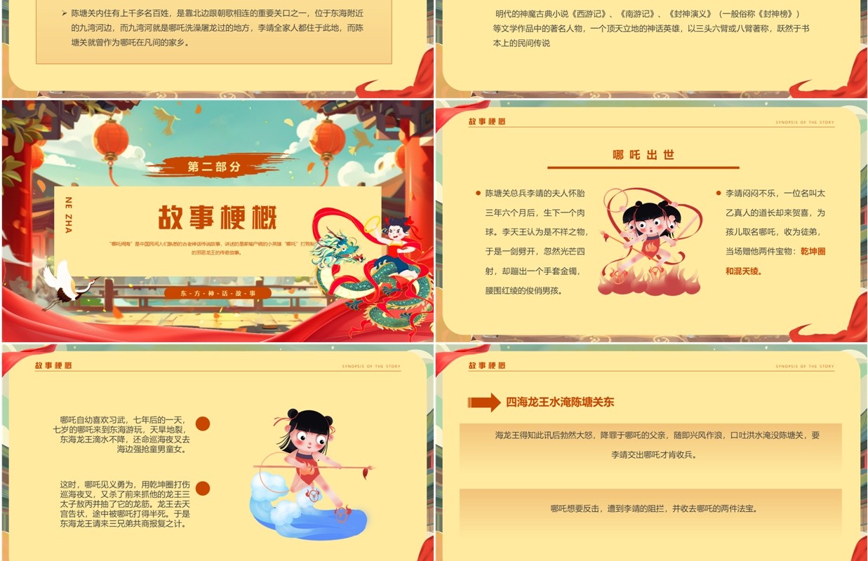 黄色插画风哪吒闹海神话故事PPT模板