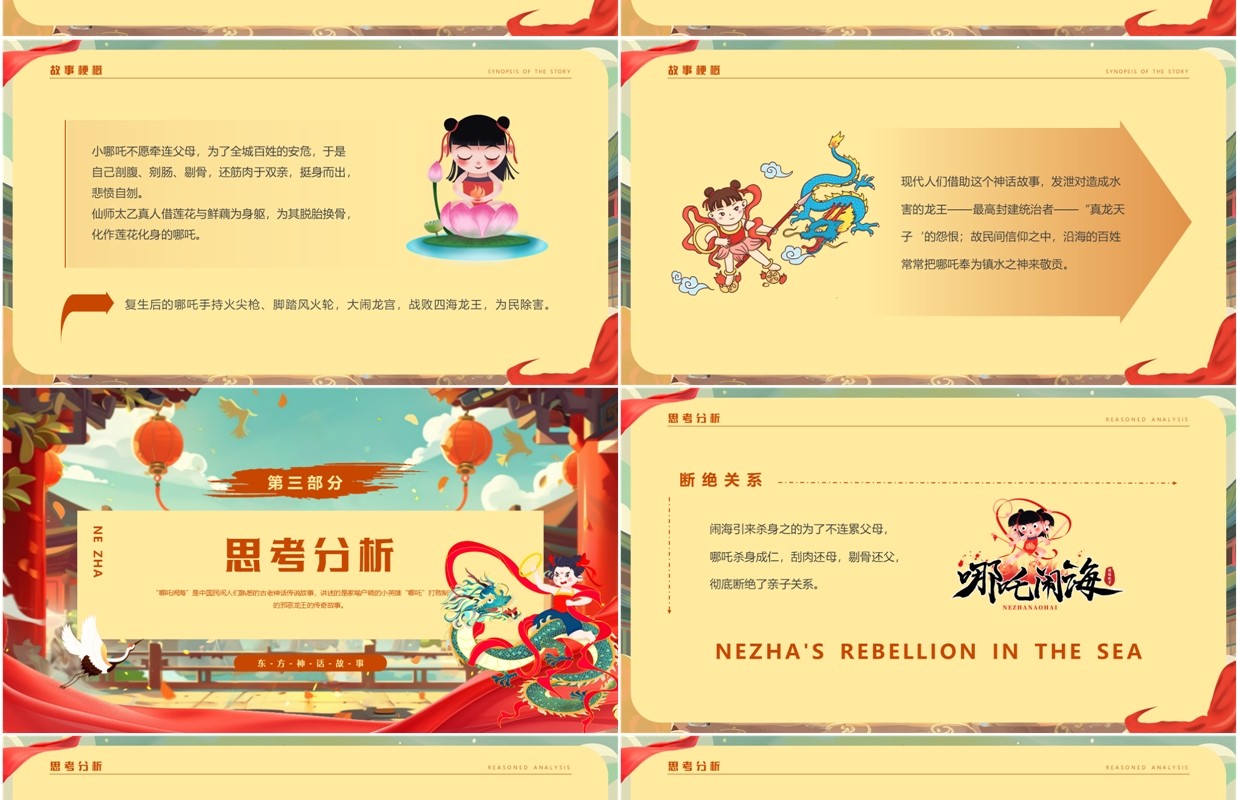 黄色插画风哪吒闹海神话故事PPT模板