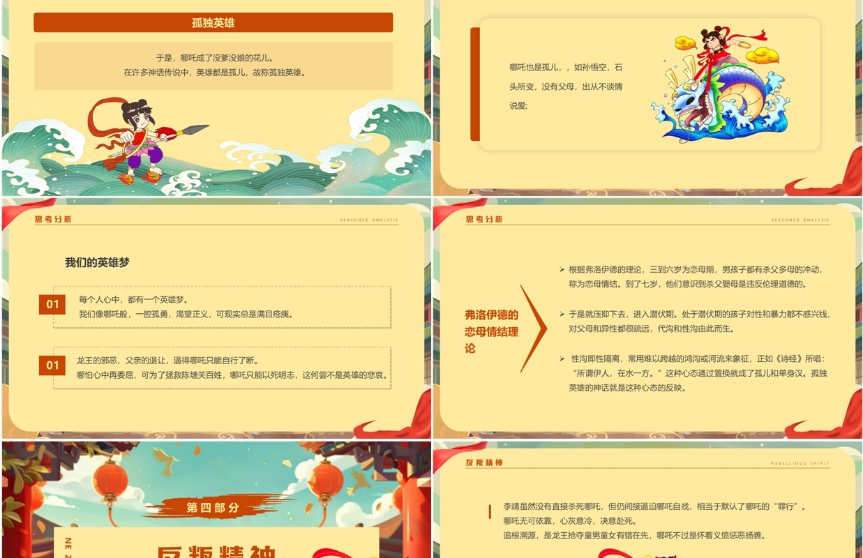 黄色插画风哪吒闹海神话故事PPT模板
