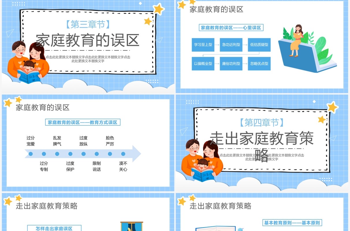 蓝色卡通走出家庭教育的误区学校教育PPT模板