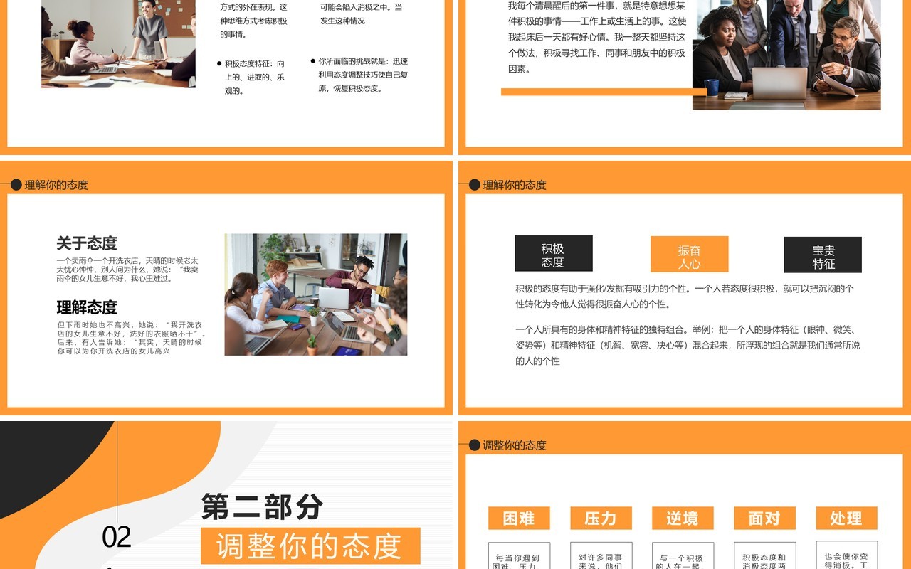 橙色简约公司员工态度培训积极心态课程动态PPT模板