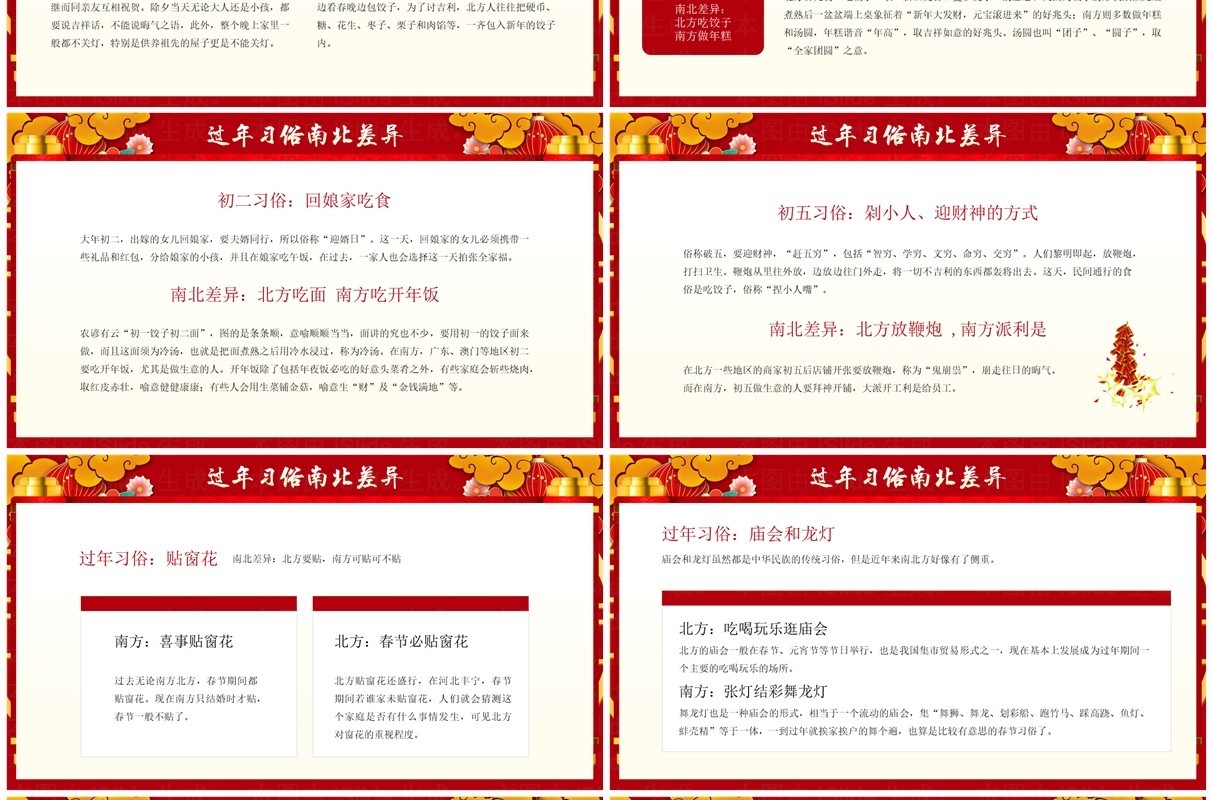 红色中国风南北方春节习俗介绍PPT模板