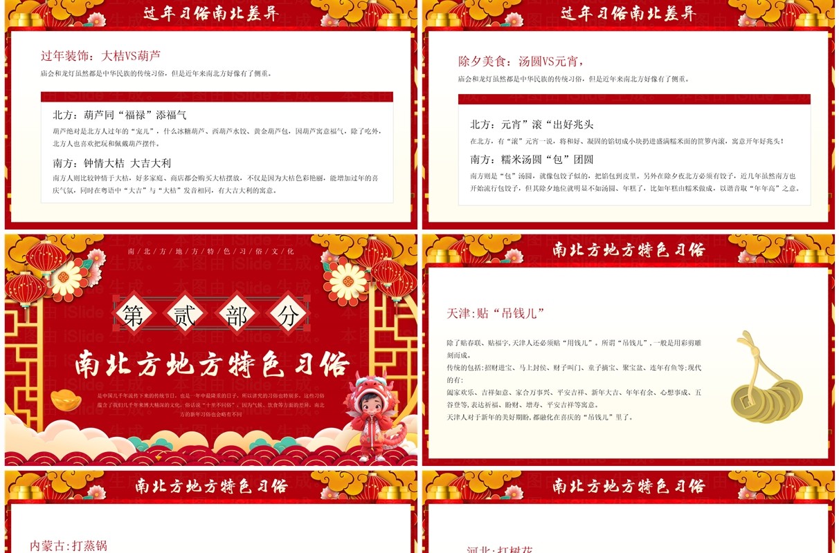 红色中国风南北方春节习俗介绍PPT模板