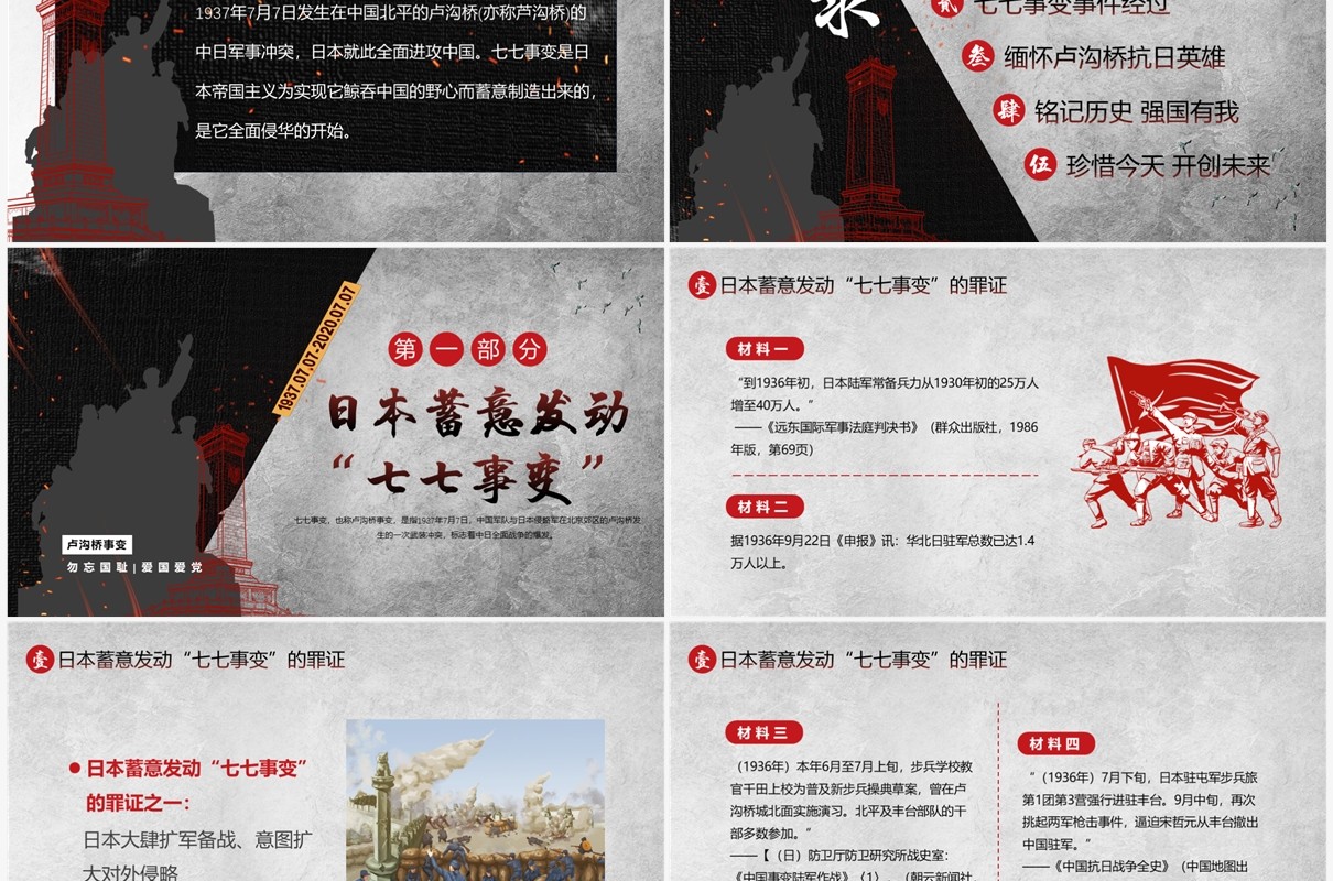 黑色简约风纪念七七事变86周年PPT模板