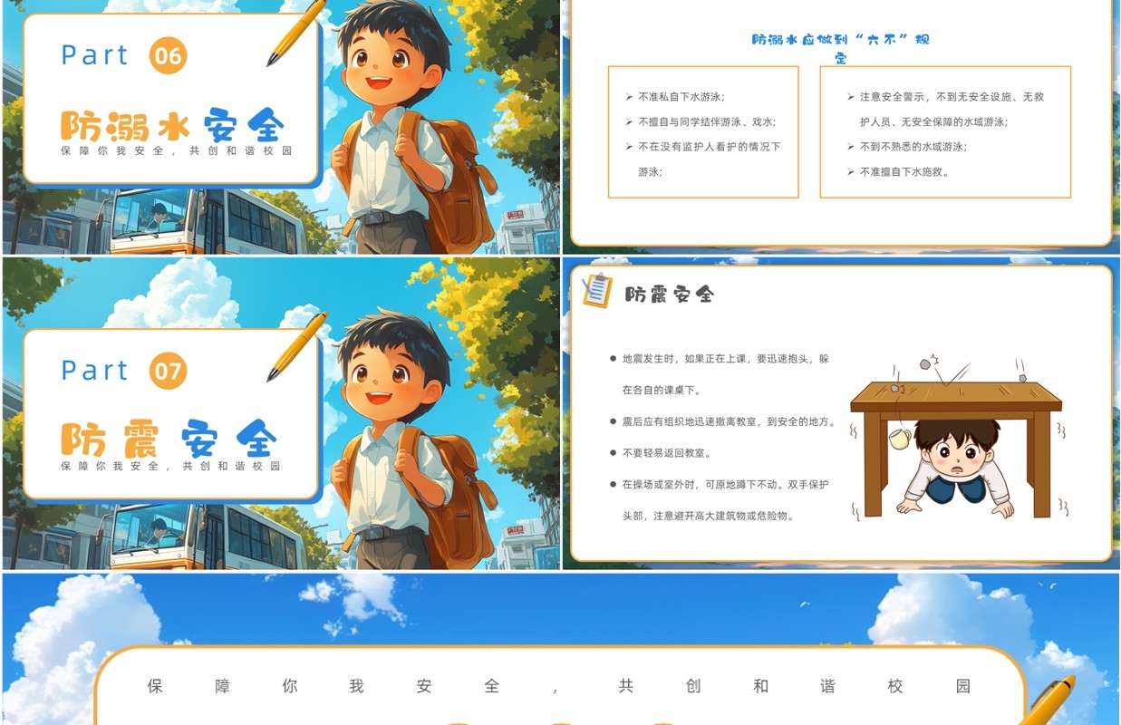 蓝色插画风开学第一课安全教育PPT模板